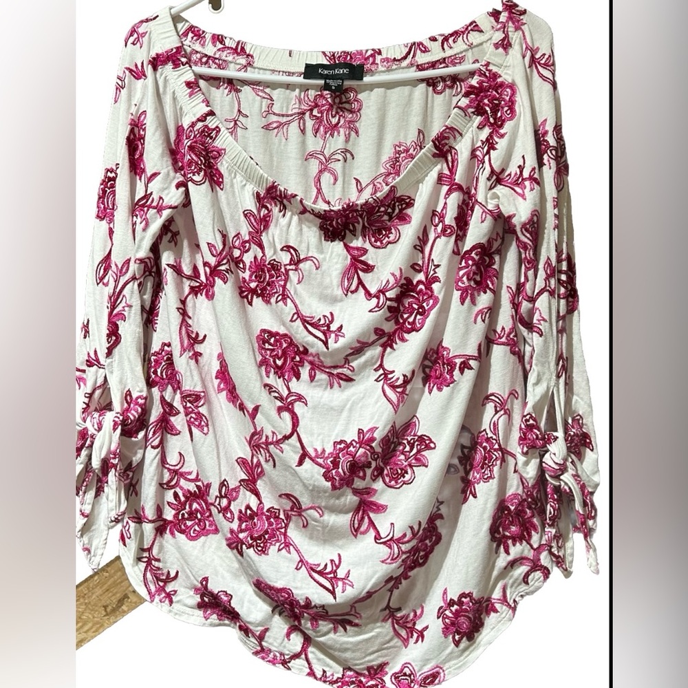 Karen Kane Blouse Top Womens S Small Pink Floral Embroidery Knot Tie Grannycore